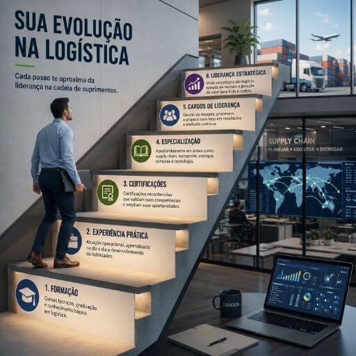 Ilustração representando a evolução profissional na logística por meio de formação, experiência, certificações e liderança.