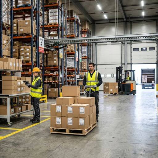 Operadores movimentando mercadorias em um armazém organizado para otimizar entregas.