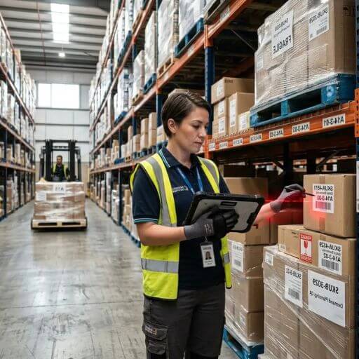 Funcionário realizando inventário digital e controlo de estoque com tablet industrial.