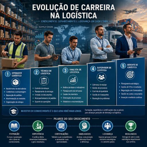 Infográfico ilustrando a evolução da carreira em logística, desde operador até gerente, destacando competências e certificações profissionais.