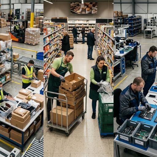 Funcionários analisando produtos devolvidos em operações de comércio eletrónico, supermercados e indústria.