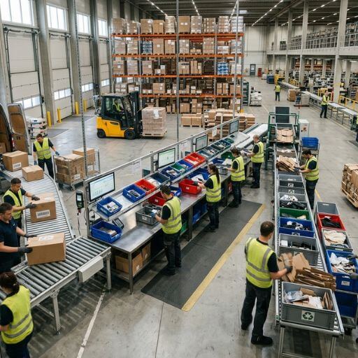 Fluxo da logística reversa mostrando a recolha de produtos, a triagem dos materiais e o reaproveitamento industrial.