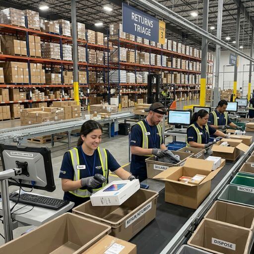 Equipe separando mercadorias devolvidas em um centro logístico.
