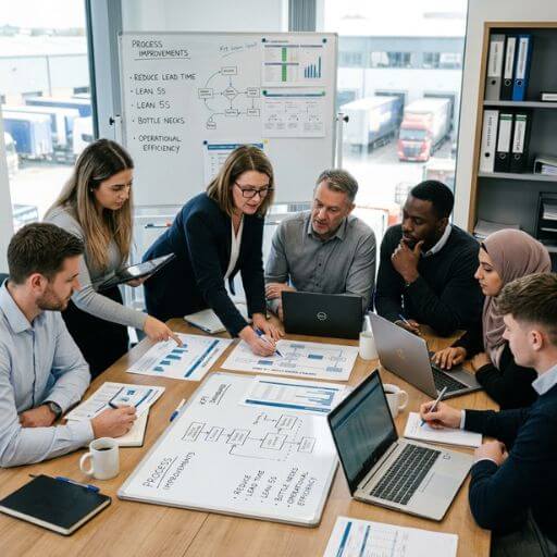 Equipe analisando processos para implementar melhorias sustentáveis.