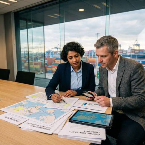 Empresários analisando documentos comerciais internacionais relacionados aos Incoterms.