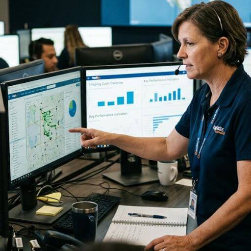 Supervisor acompanhando indicadores operacionais em um painel de controle logístico.