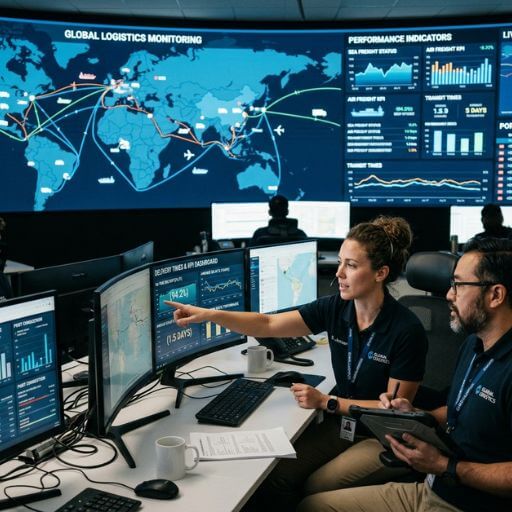 Analistas monitorando indicadores logísticos globais em uma central de operações.