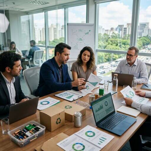 Profissionais analisando documentos sobre logística reversa e sustentabilidade em ambiente empresarial brasileiro.