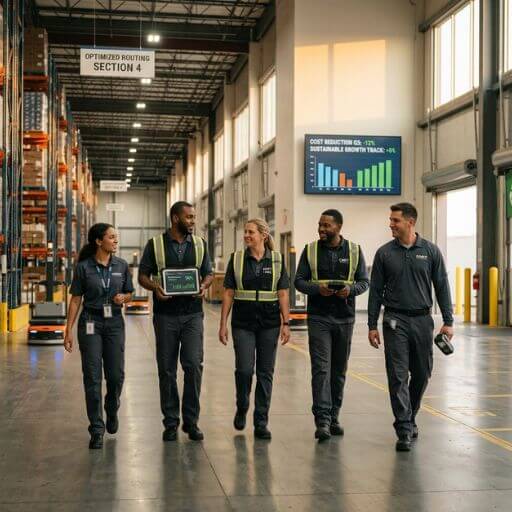 Equipe comemorando melhorias operacionais em um centro de distribuição.