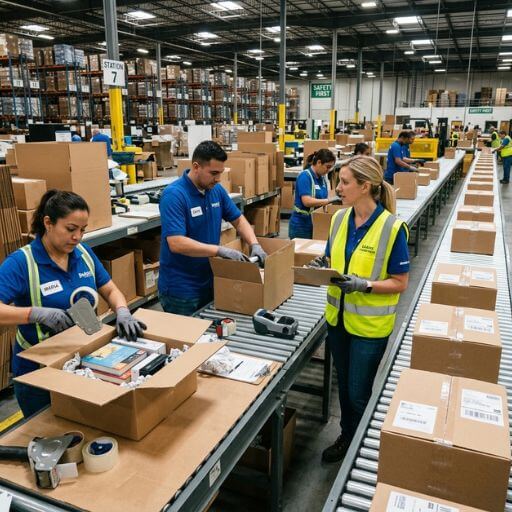 Equipe preparando encomendas em uma operação de fulfillment.
