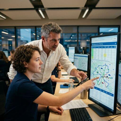 Profissionais planejando rotas em uma sala de controle logístico.
