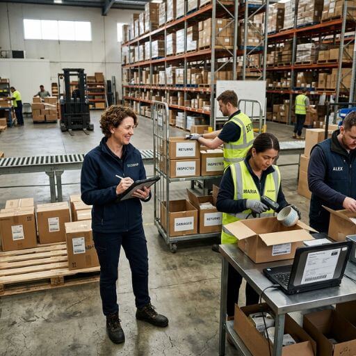 Pequeno empresário acompanhando operações de devolução de produtos.