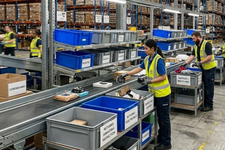 Centro de distribuição moderno realizando processos de logística reversa e reciclagem de materiais.