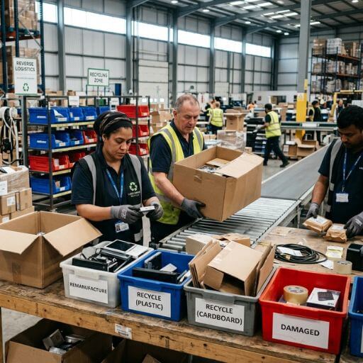 Funcionários realizando triagem de produtos destinados à reciclagem e reaproveitamento.