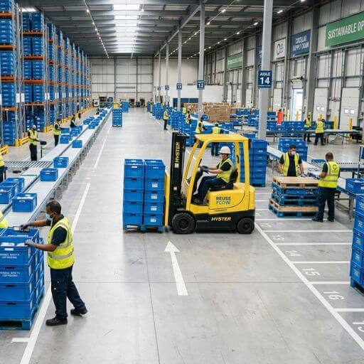 Centro de distribuição moderno operando com processos sustentáveis.
