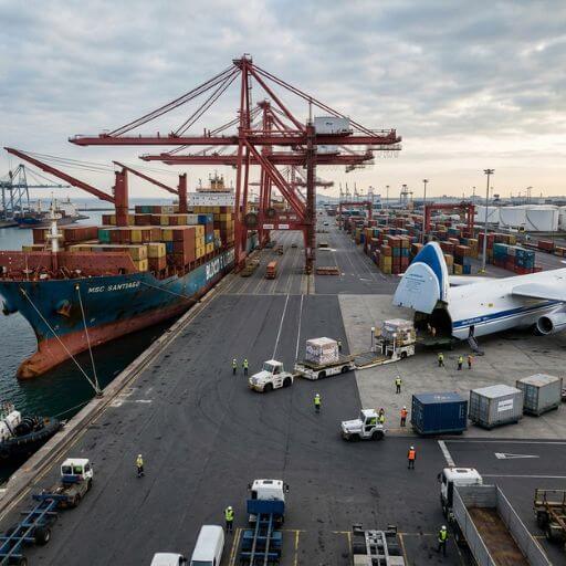 Navio cargueiro e aeronave de carga operando em um grande terminal internacional.