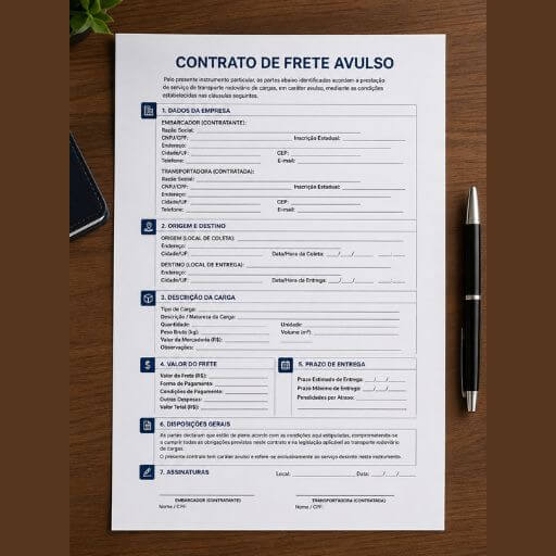 Modelo ilustrativo de contrato de frete avulso entre empresa e transportadora.