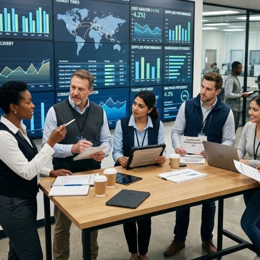 Equipe logística discutindo indicadores e estratégias operacionais.