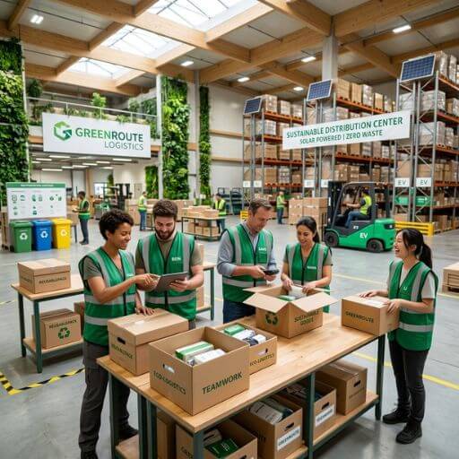 Equipe logística implementando melhorias em uma operação sustentável.