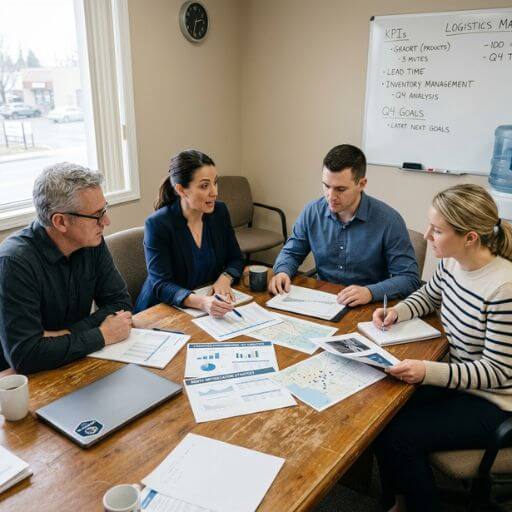 Equipe logística discutindo estratégias sustentáveis em uma reunião operacional.