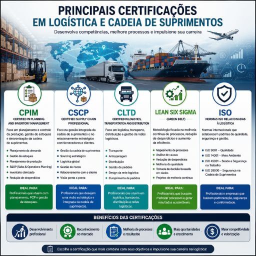 Infográfico mostrando as principais certificações em logística, incluindo CPIM, CSCP, CLTD, Lean Six Sigma e normas ISO.