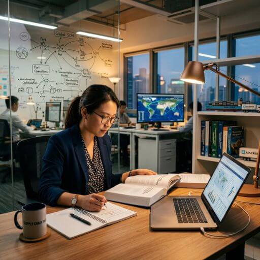 Profissional estudando certificações em logística e cadeia de suprimentos em um ambiente corporativo moderno.