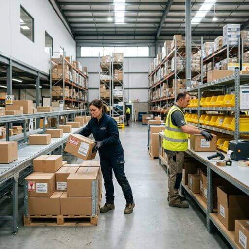 Funcionários organizando mercadorias e separando materiais em um armazém.