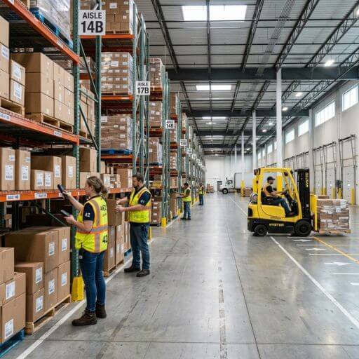 Equipe trabalhando em conjunto em um centro de distribuição sustentável.