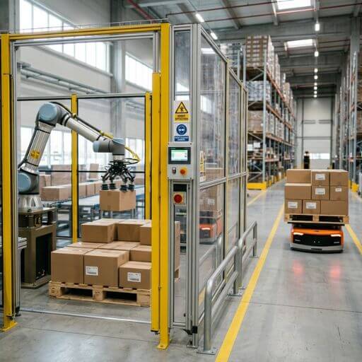 Robô industrial protegido por grades de segurança enquanto um veículo autônomo transporta mercadorias em um centro logístico moderno.
