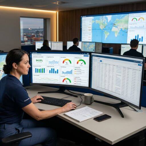 Analista utilizando sistemas digitais para monitorar processos logísticos.