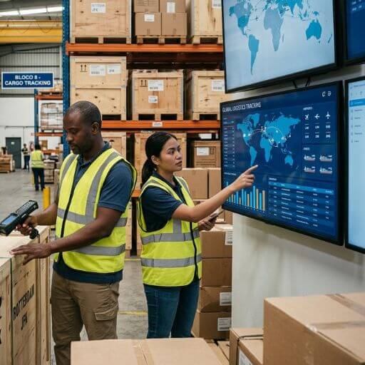Operadores acompanhando a rastreabilidade internacional de mercadorias em tempo real.