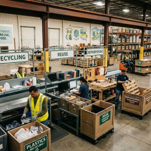 Operadores realizando triagem de produtos para reciclagem e reaproveitamento.