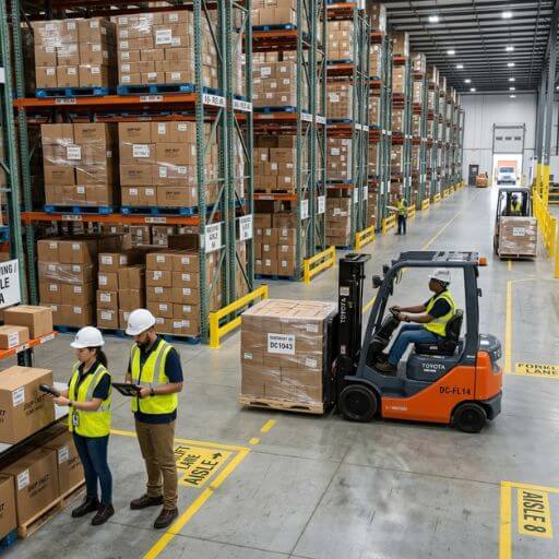 Centro de distribuição organizado mostrando a influência da armazenagem no fluxo logístico.