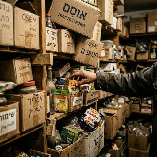 Visão detalhada de prateleiras mal organizadas num comércio local, com produtos misturados e sem etiquetas.