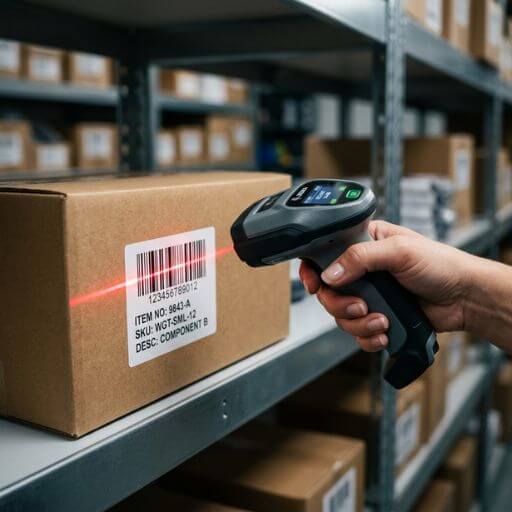 Pormenor de uma mão a segurar um leitor digital de código de barras moderno, a ler a etiqueta de uma caixa de cartão impecável.
