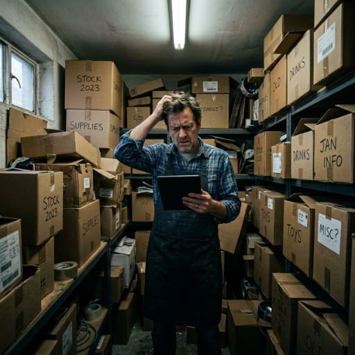 Dono de um pequeno negócio a tentar organizar um inventário caótico com caixas empilhadas de forma precária.