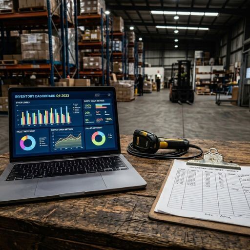 Mesa de estudo e trabalho num armazém com um portátil a exibir gráficos de gestão de estoque e um leitor de código de barras.