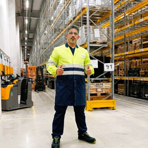 Faustino Ribeiro no armazém da Borgwarner, organizado com prateleiras e equipamentos de logística.