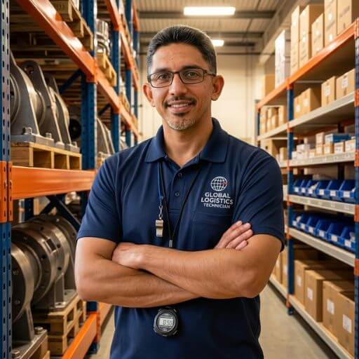 Faustino Ribeiro num armazém organizado com prateleiras e equipamentos de logística para pequenos negócios.