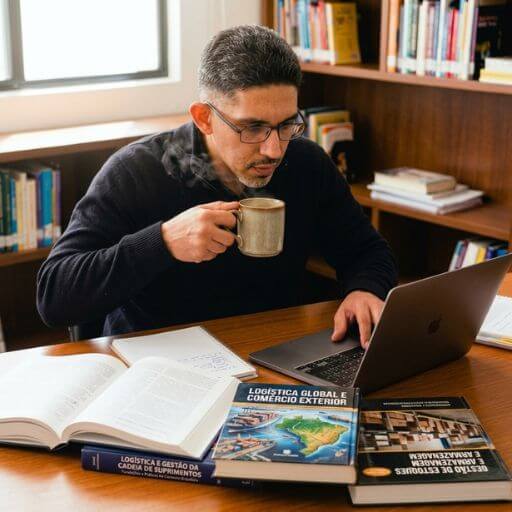 Faustino Ribeiro a estudar num computador com livros sobre logística e gestão da cadeia de suprimentos sobre a mesa.