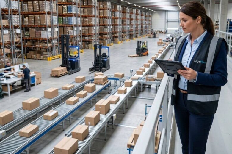 Profissional observando a movimentação de mercadorias em um centro de distribuição moderno e organizado.