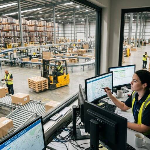 Operador acompanhando o fluxo de produtos dentro de um armazém logístico.