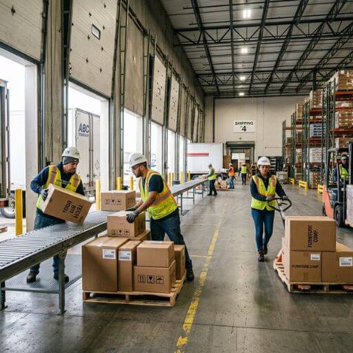 Operadores movimentando mercadorias entre recebimento, armazenagem e expedição.