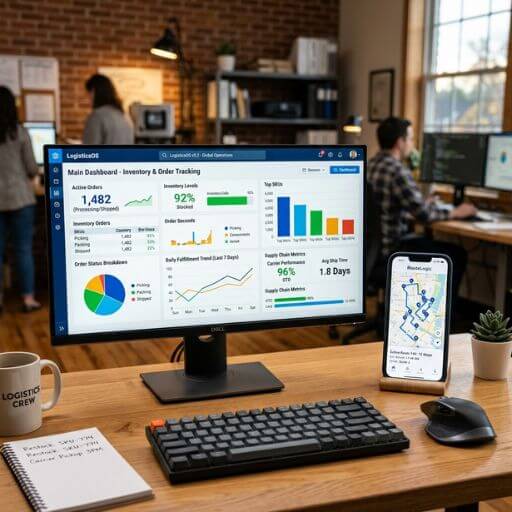 Monitor moderno a exibir um painel de controle (dashboard) de gestão de estoque e logística, ao lado de um smartphone com um aplicativo de rotas de entrega em cima de uma mesa de trabalho.