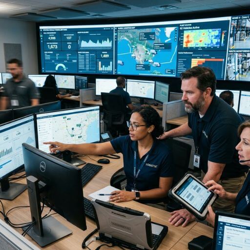 Equipe utilizando sistemas integrados de gestão e rastreamento para controlar o fluxo logístico.