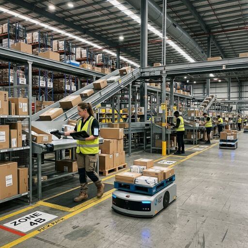 Centro logístico moderno mostrando automação e integração tecnológica aplicada ao fluxo operacional.