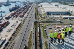 Operação integrada da cadeia de suprimentos conectando porto, transporte e centros logísticos.