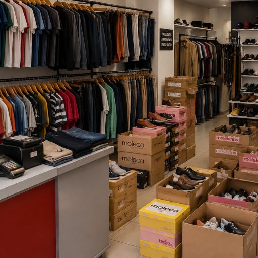 Loja de roupas e calçados representando os primeiros aprendizados de Faustino Ribeiro no comércio familiar.