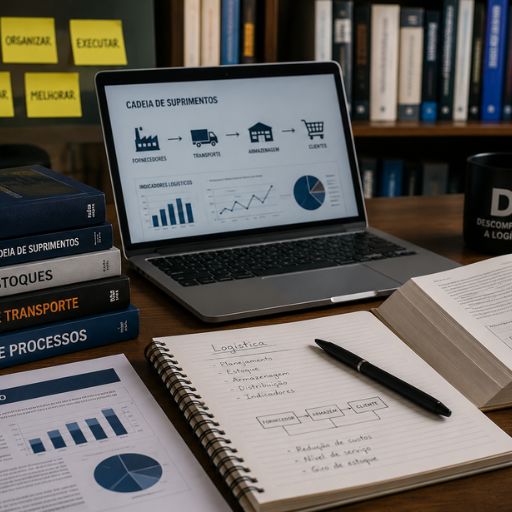 Livros, computador, caderno e materiais de estudo representando a categoria Estudos do portal Descomplicando a Logística.