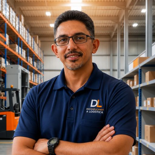 Faustino Ribeiro em um armazém logístico demonstrando sua experiência prática em operações, gestão de estoque e organização de processos.